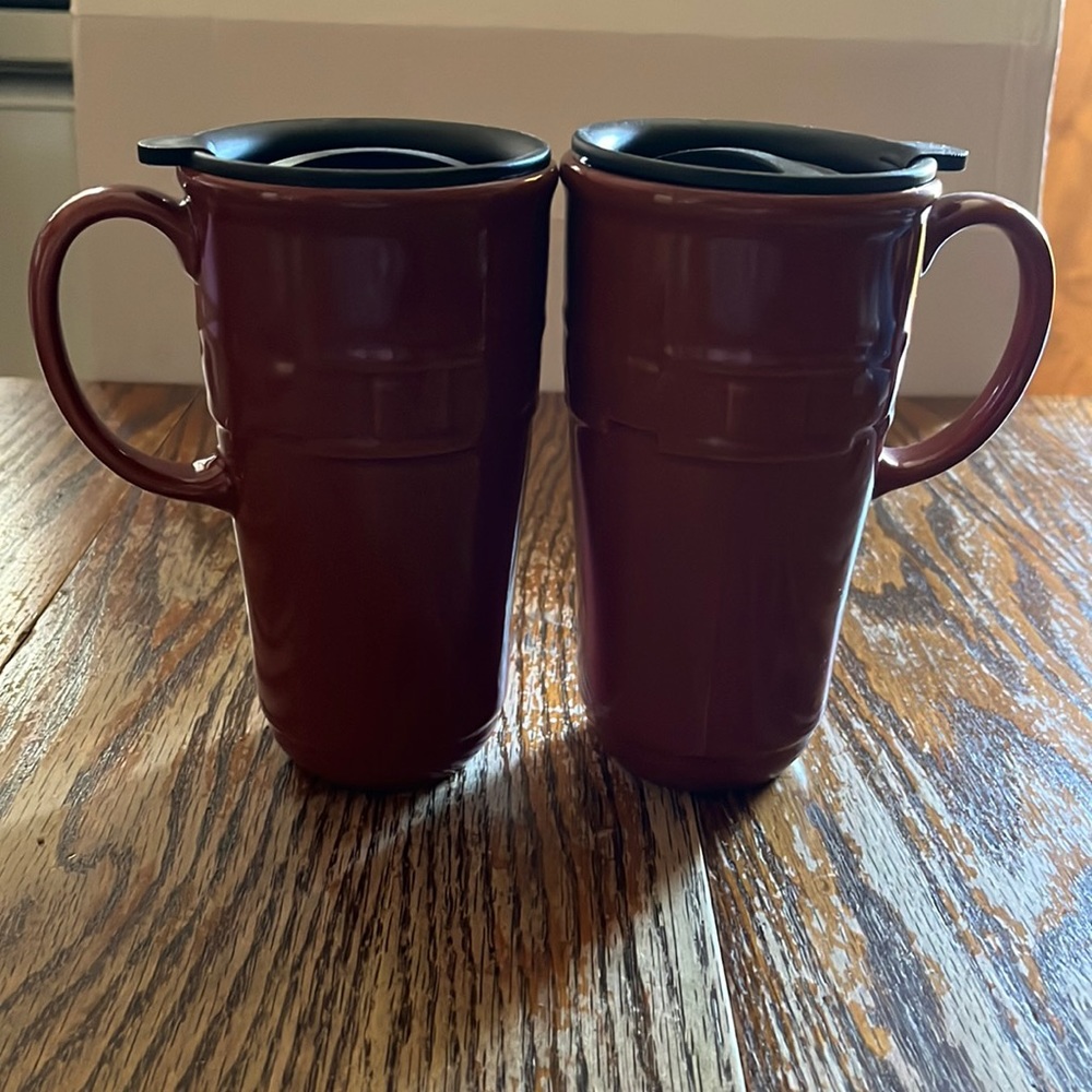 Longaberger Pottery Vitrified travel mugs with lids set of 2